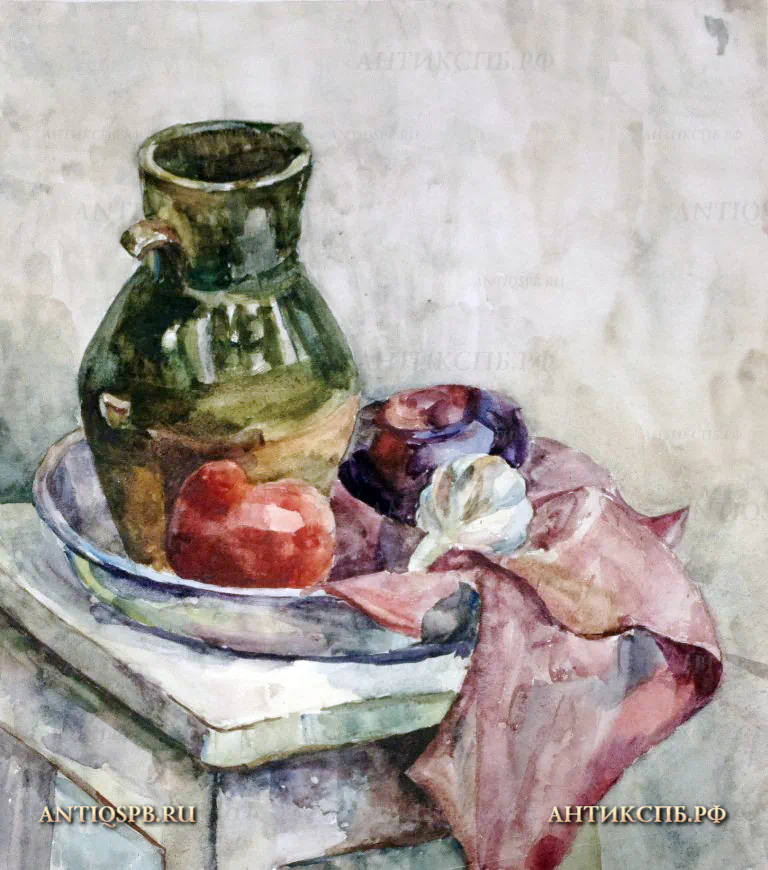 Картина натюрморт "Композиция из кувшина, фруктов, стула и драпировки". Бумага, акварель. Художник: Суходолова. Вт. пол. ХХ века. СССР. №19467.1
